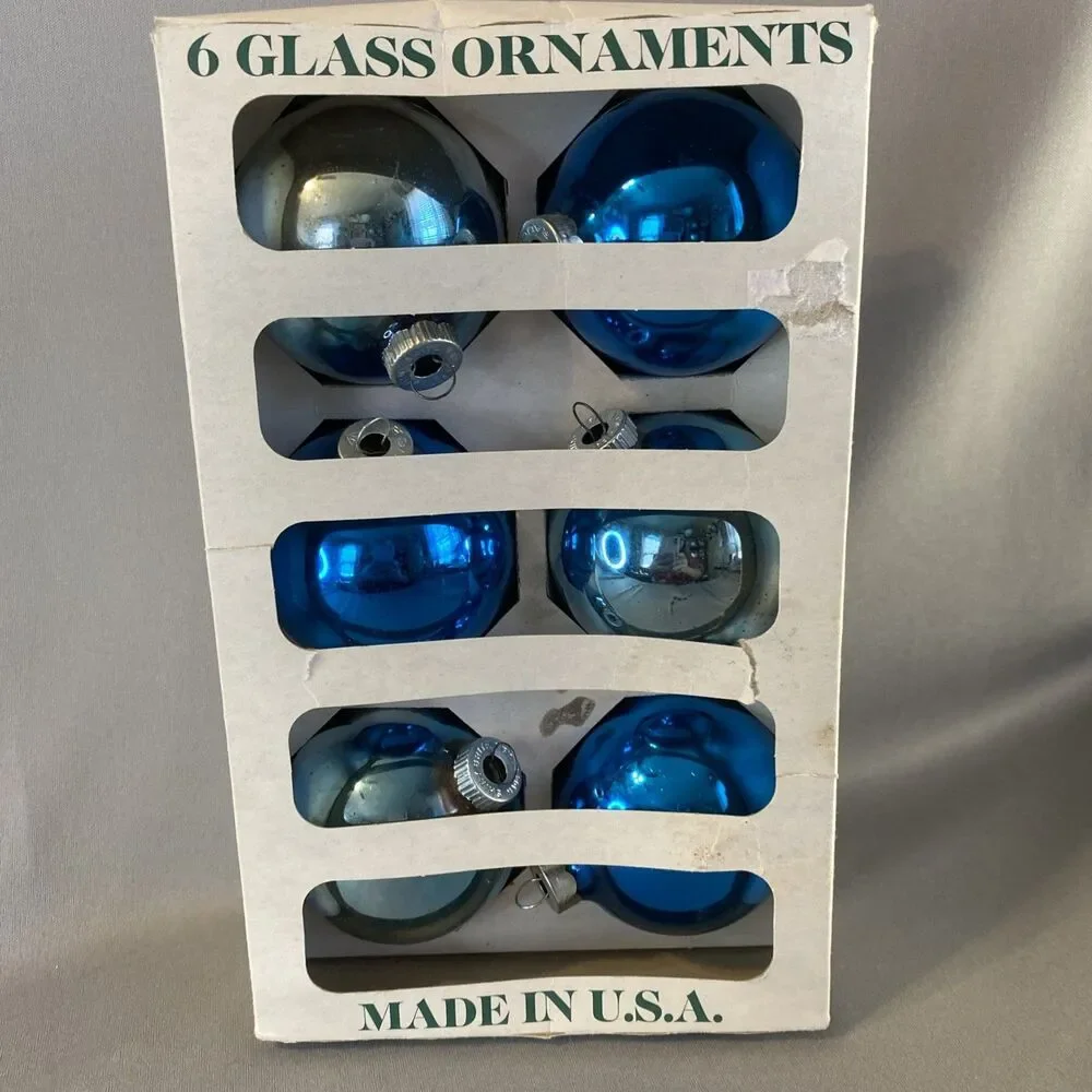 Vintage Christmas Glass Ball Ornaments Blue Shiny Brite & Rauch 8.5